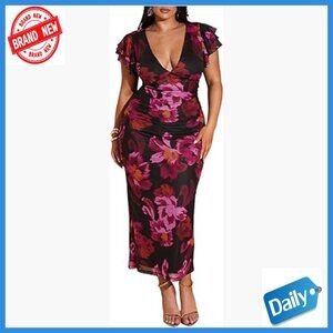Plus Size Floral Maxi Dress Deep V Ruffle Short Sleeve Bodycon Wedding Guest
